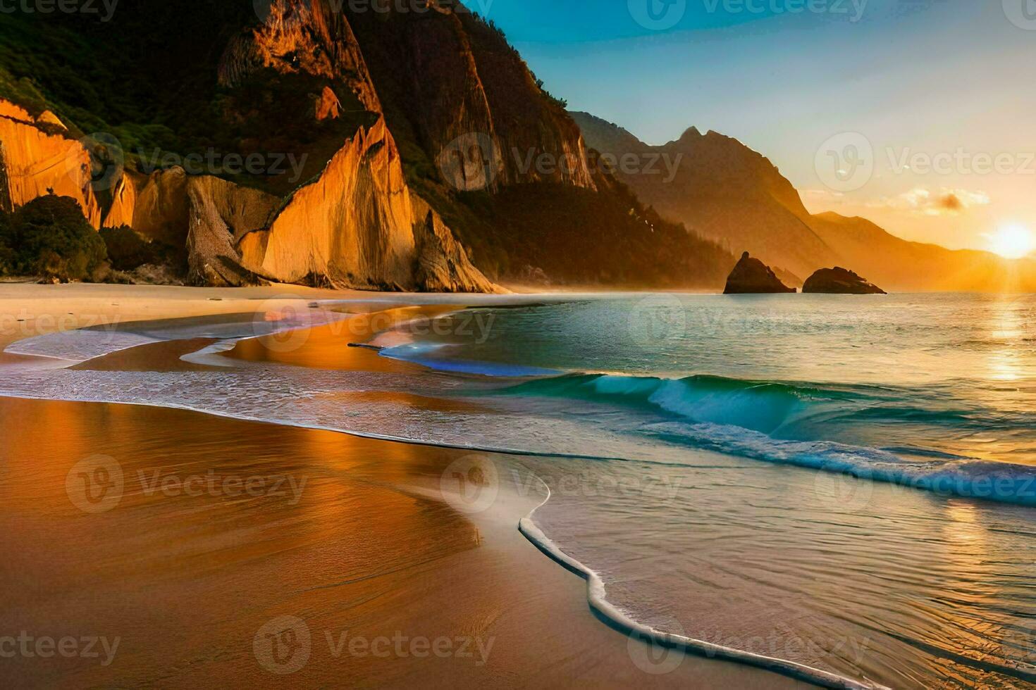 the sun rises over the ocean and the waves crash into the sand. AI-Generated photo