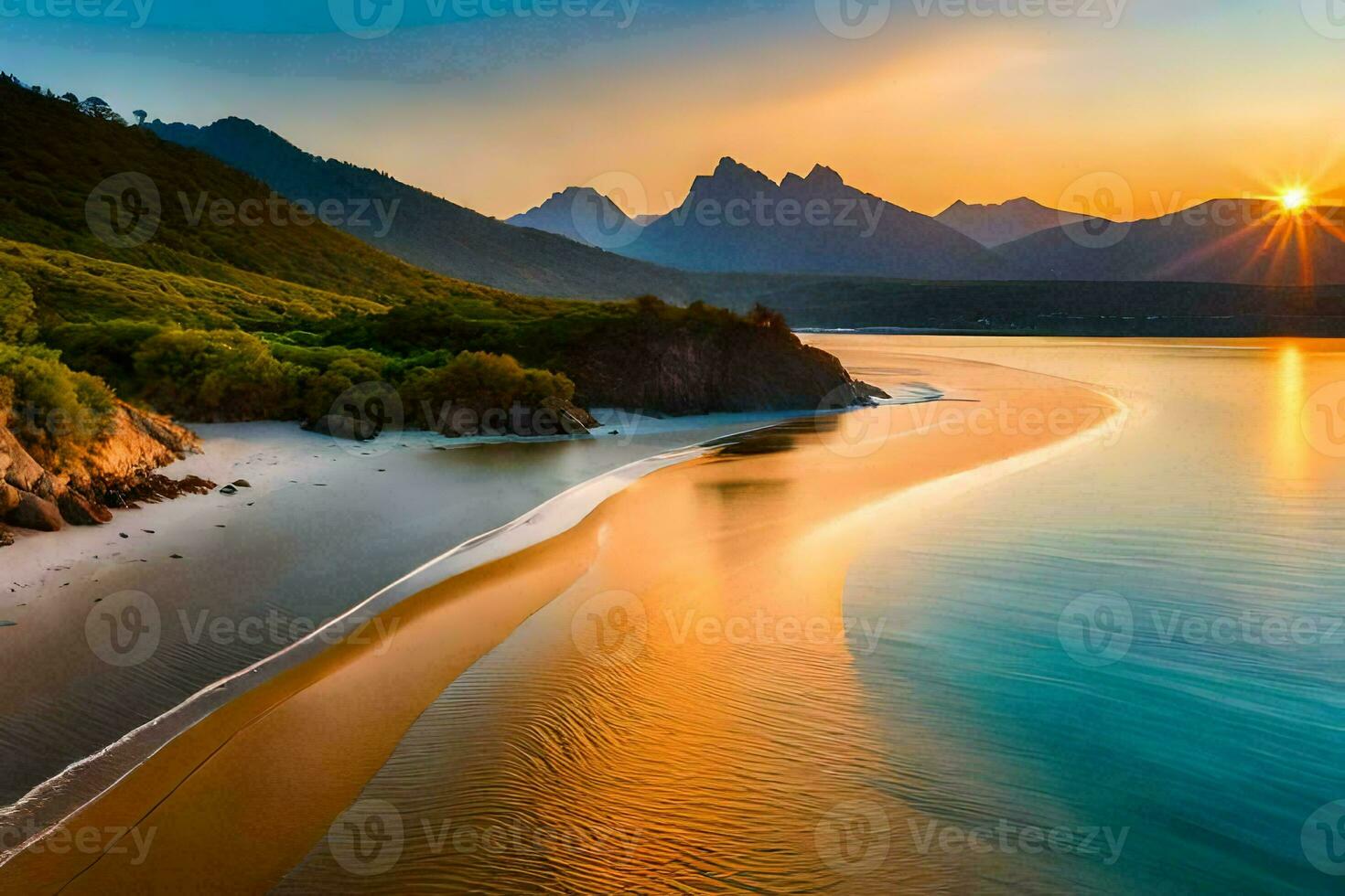 the sun sets over a beach and mountains. AI-Generated photo