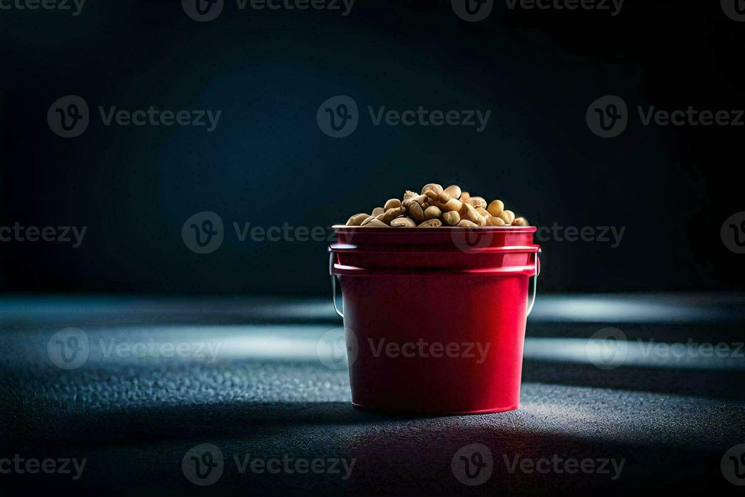 a red bucket filled with peanuts on a dark background. AI-Generated photo