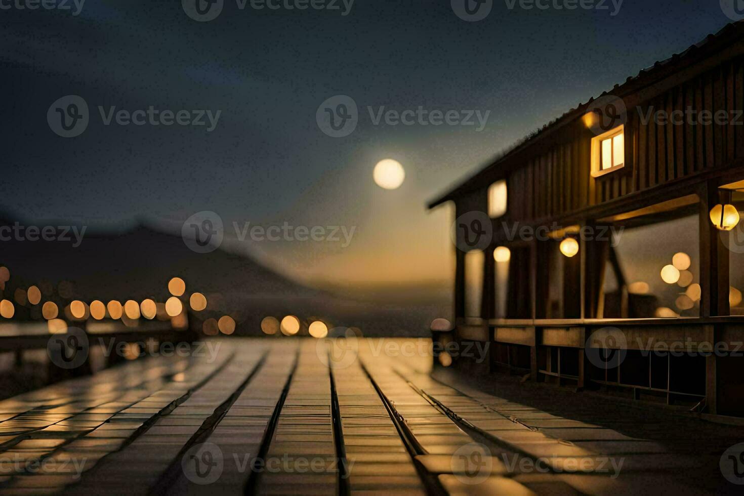 photo wallpaper the sky, night, the moon, the house, the dock, the light,. AI-Generated