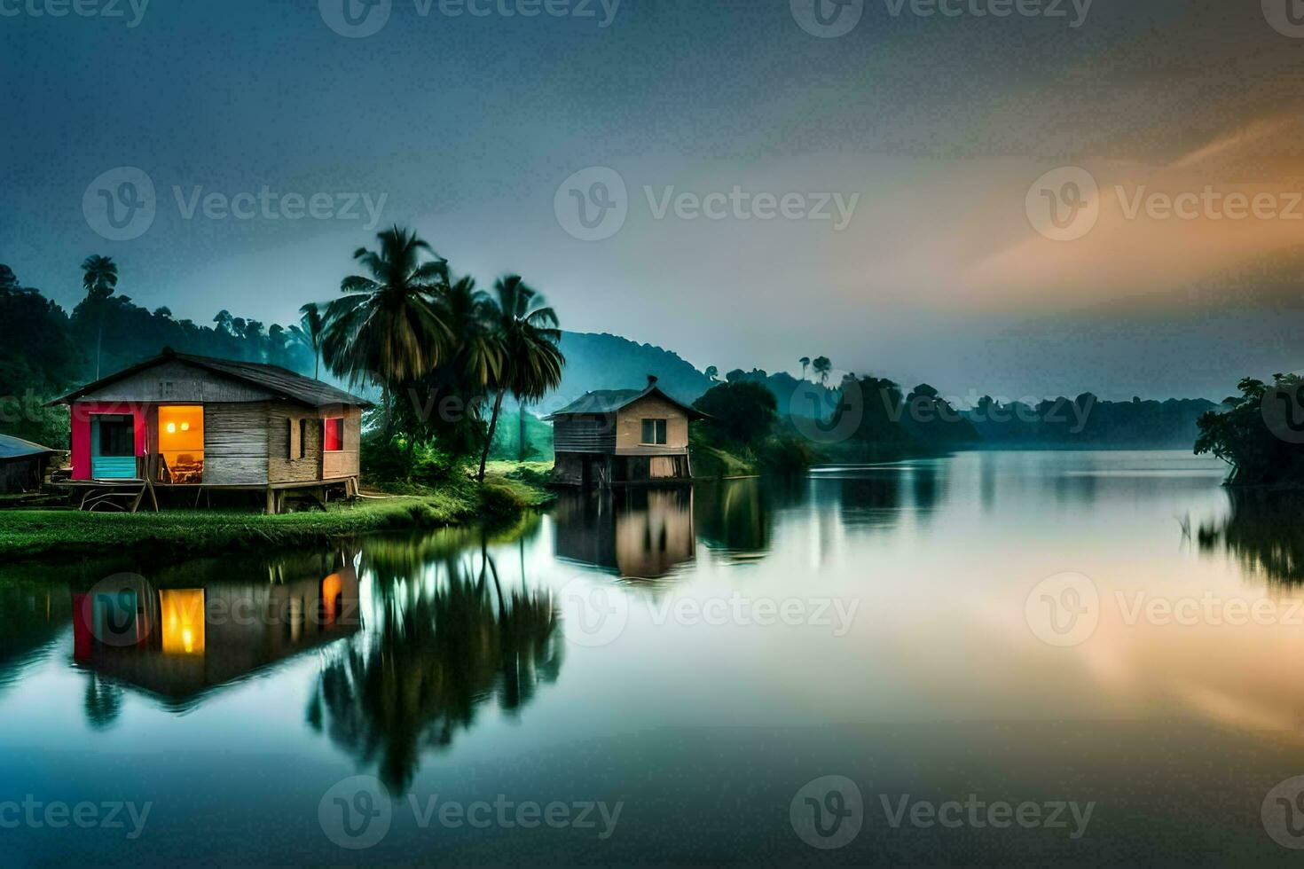 two houses on the water with palm trees. AI-Generated photo