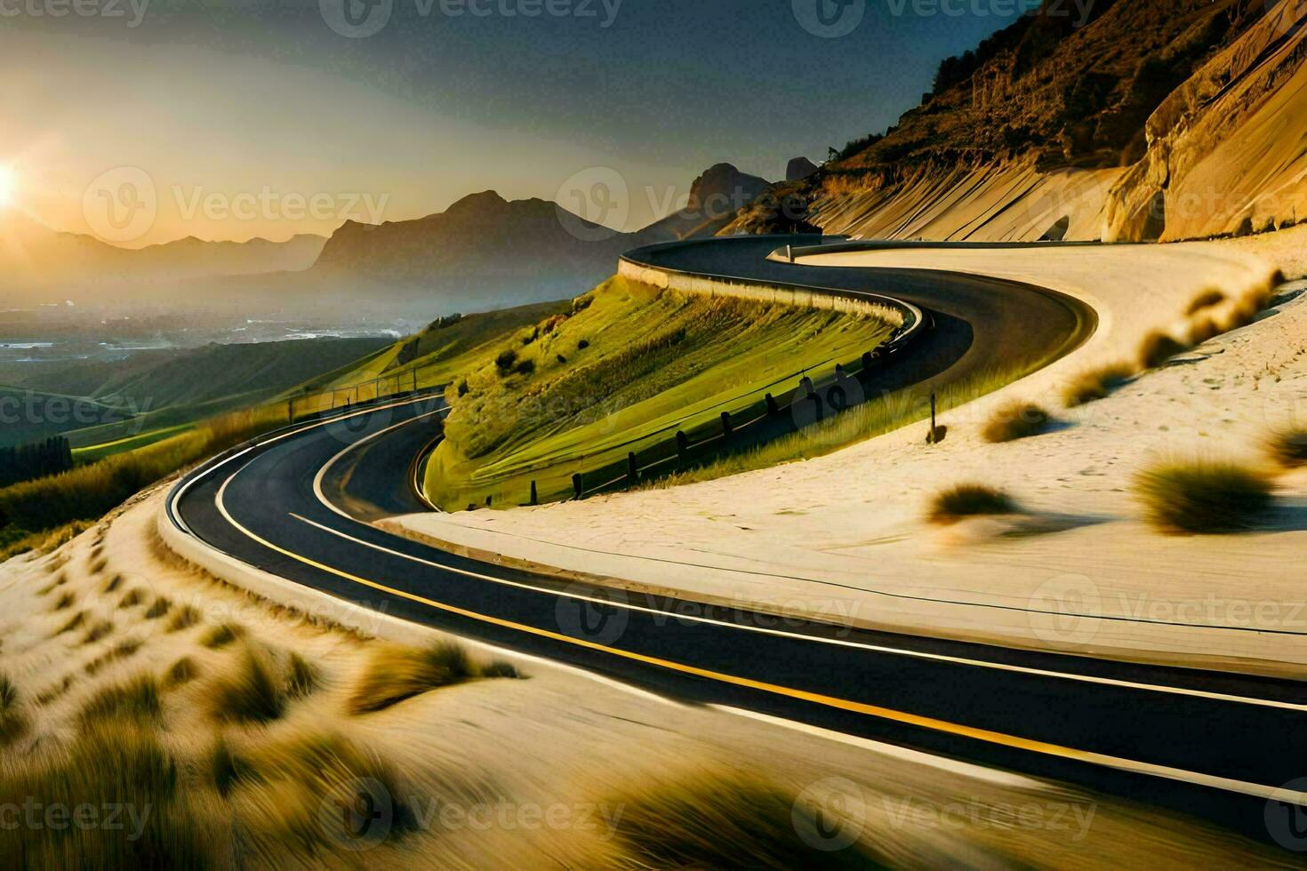 a winding road in the mountains at sunset. AI-Generated photo