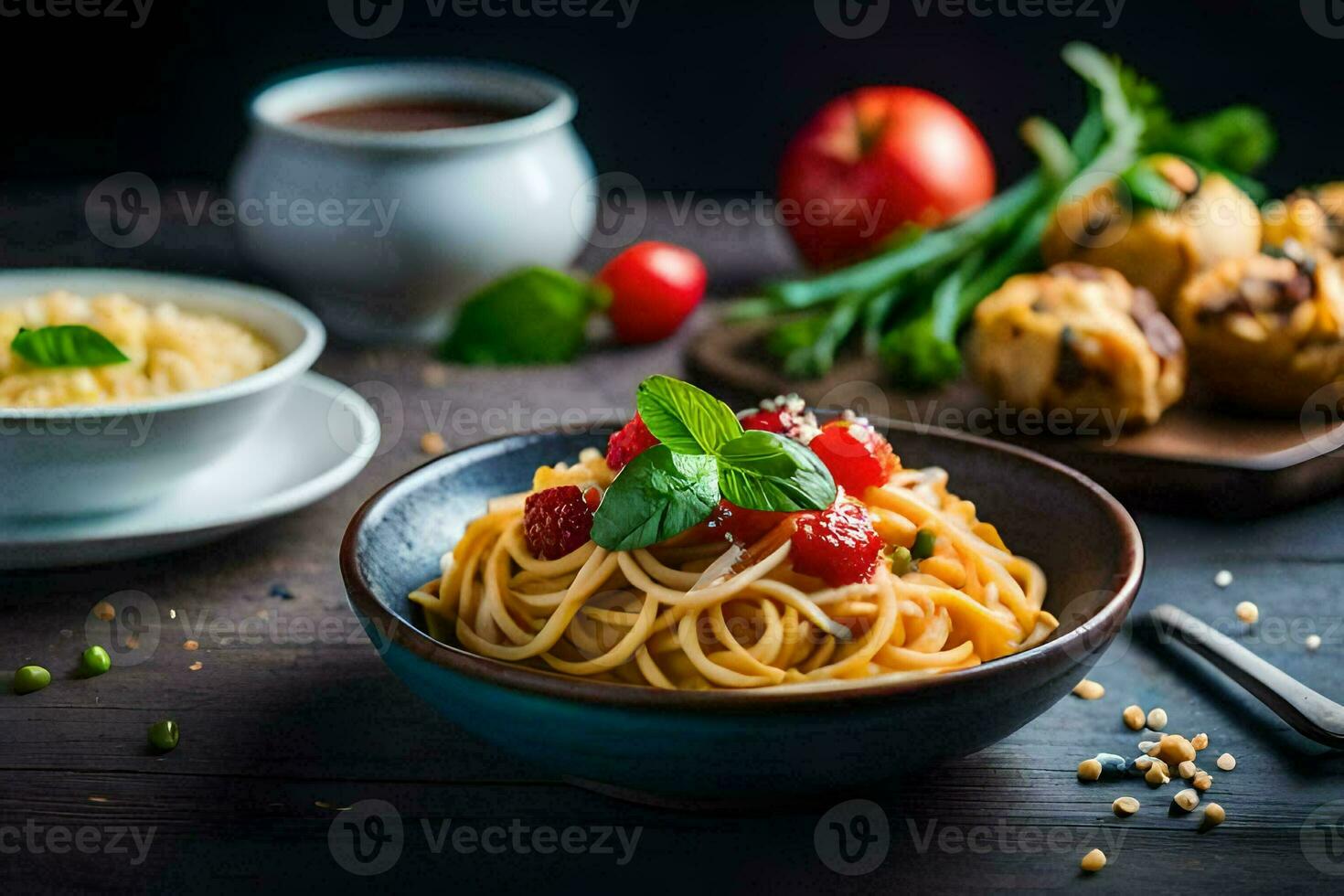 espaguetis con Tomates y albahaca hojas en un bol. generado por ai foto