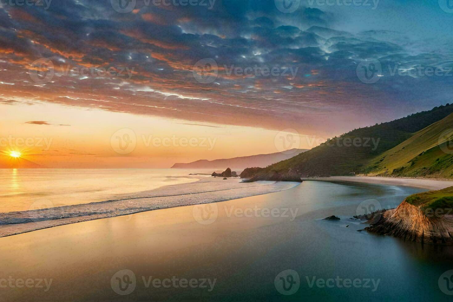 the sun sets over the ocean and hills. AI-Generated photo