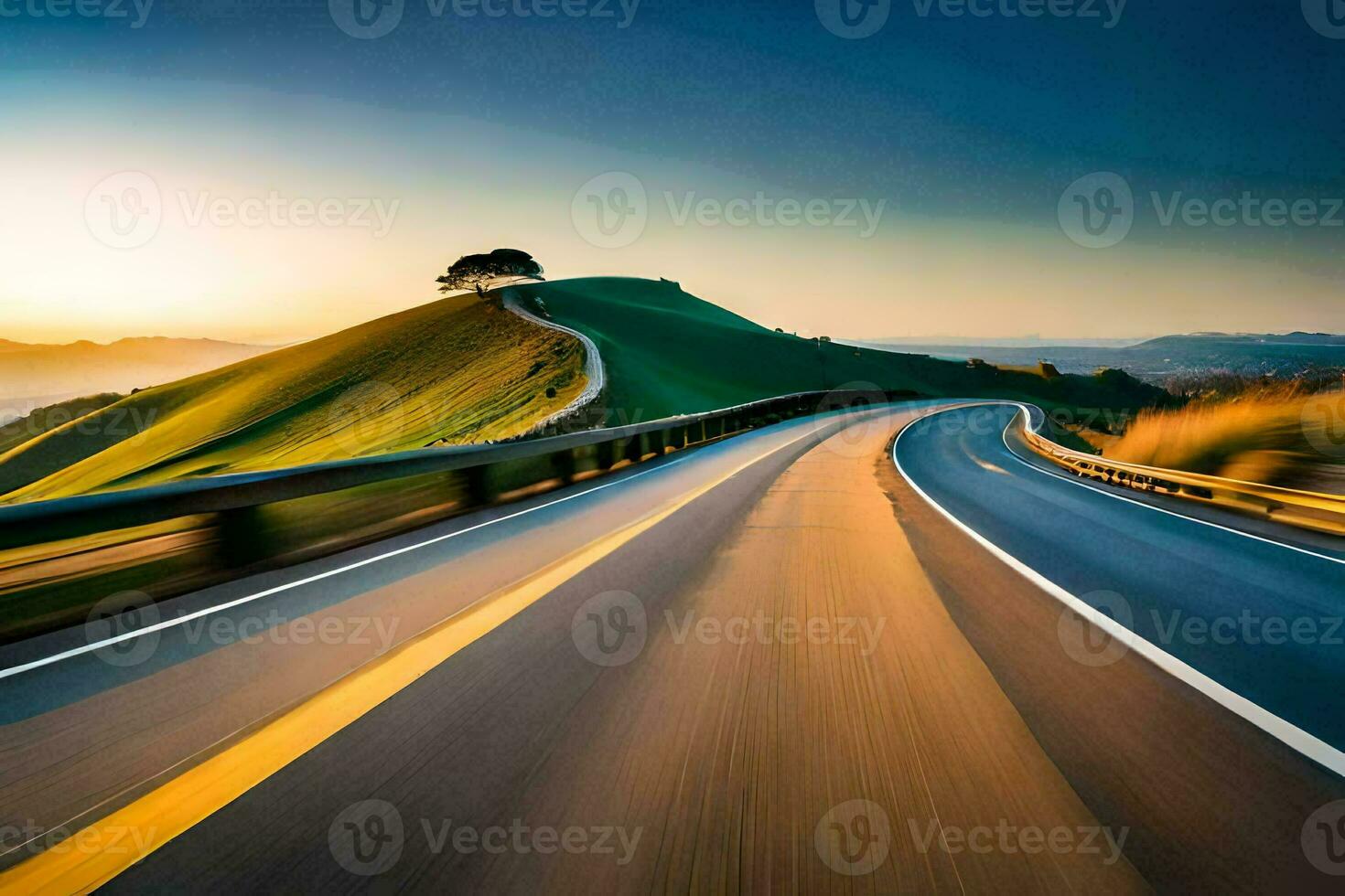 un la carretera con un árbol en el lado. generado por ai foto