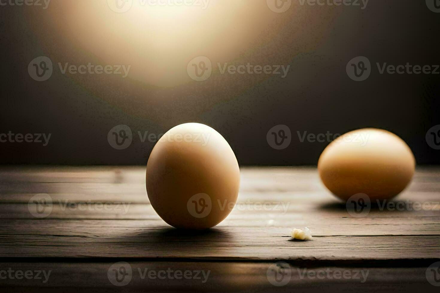 two eggs on a wooden table with a light behind them. AI-Generated photo