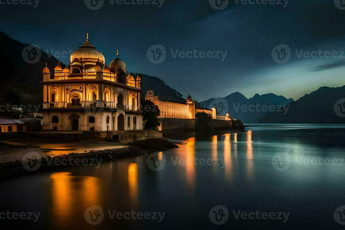 the beautiful temple in the middle of the lake. AI-Generated photo