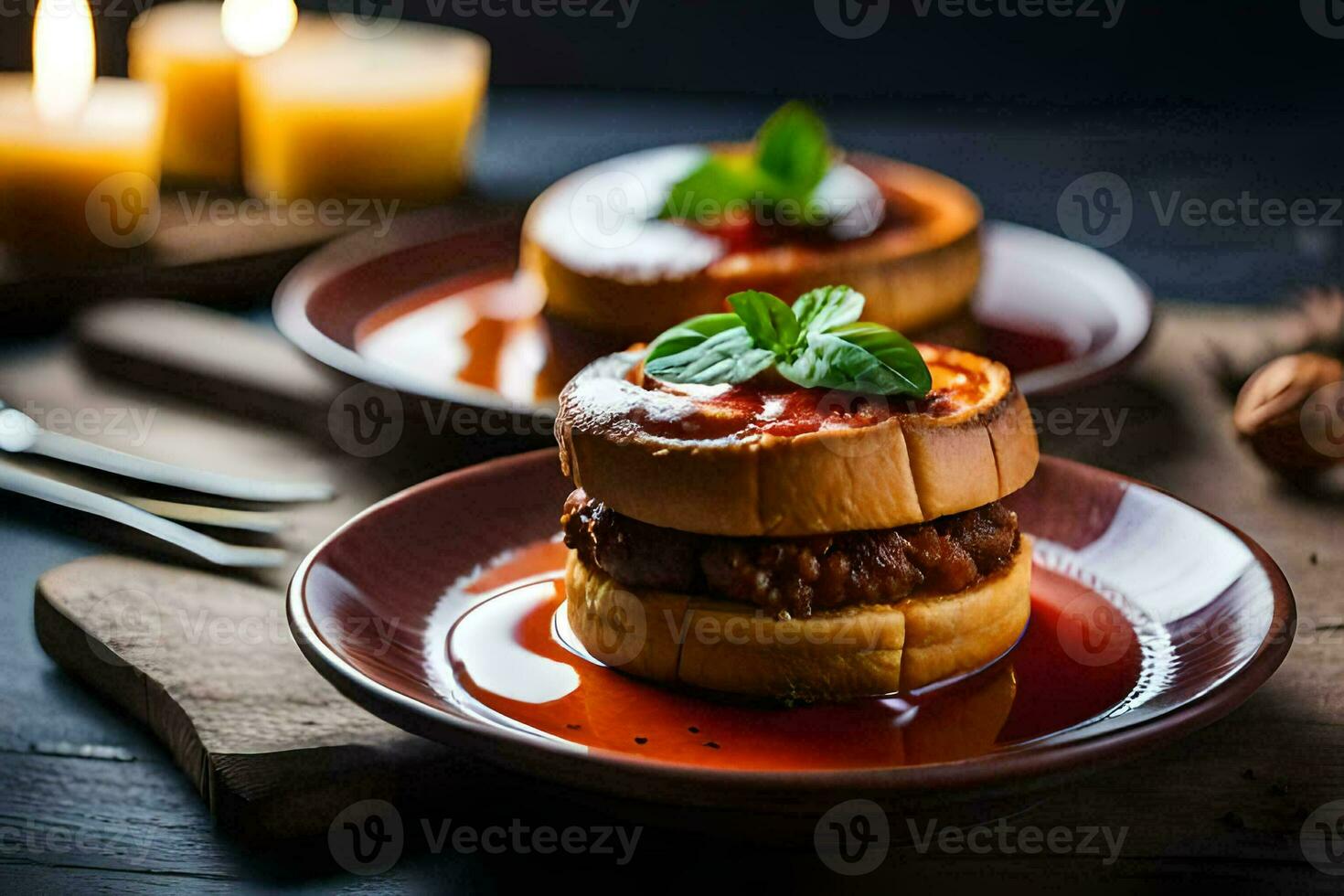 two small sandwiches with meat and sauce on a plate. AI-Generated photo