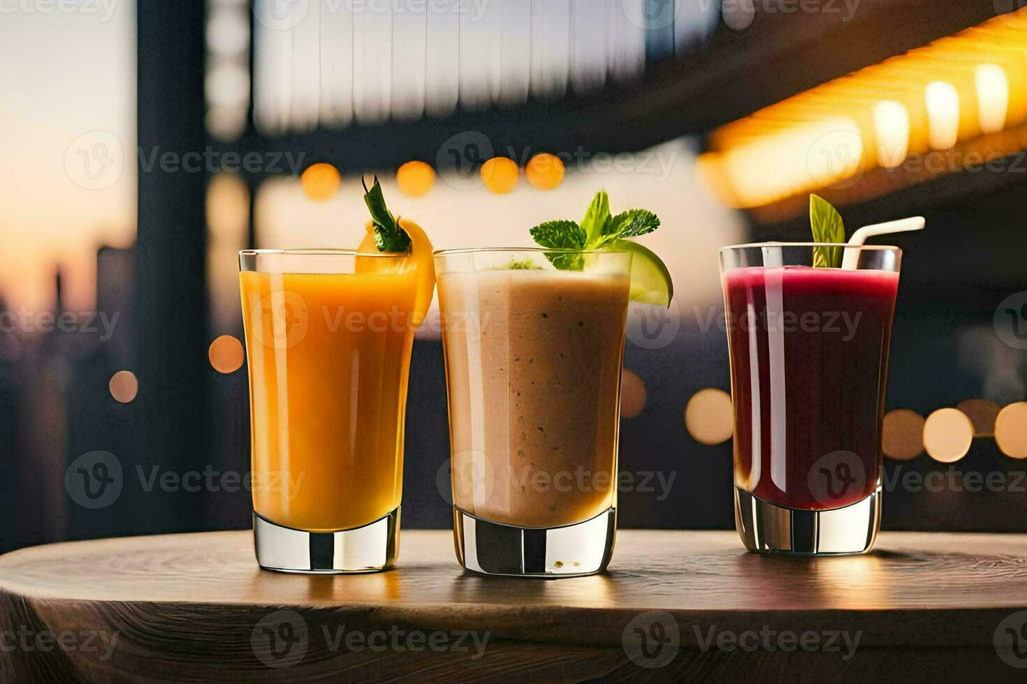 three different drinks are sitting on a table in front of a city skyline. AI-Generated photo