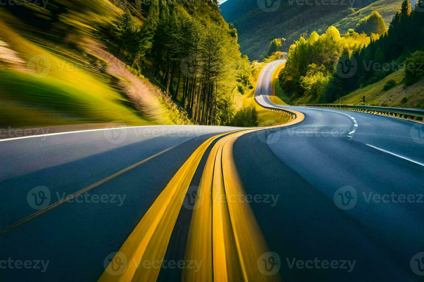 a blurry image of a road with yellow lines. AI-Generated photo