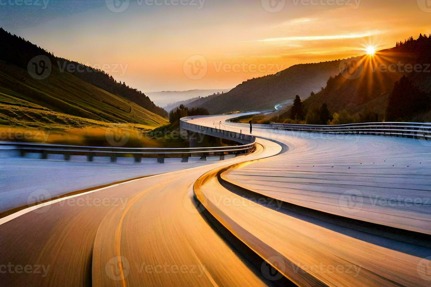 un largo exposición fotografía de un devanado la carretera a puesta de sol. generado por ai foto