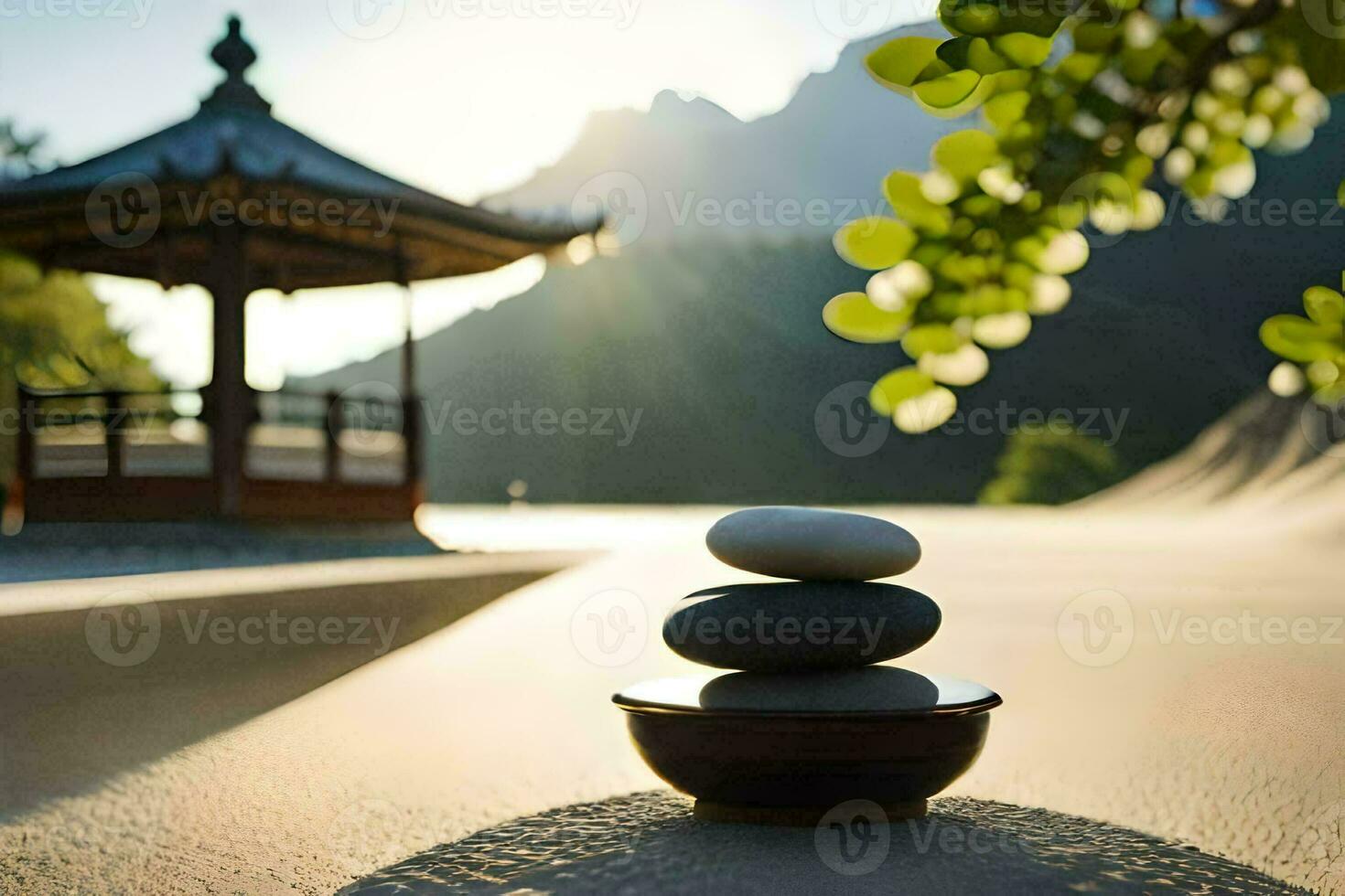 a stack of stones on a beach with a pagoda in the background. AI-Generated photo