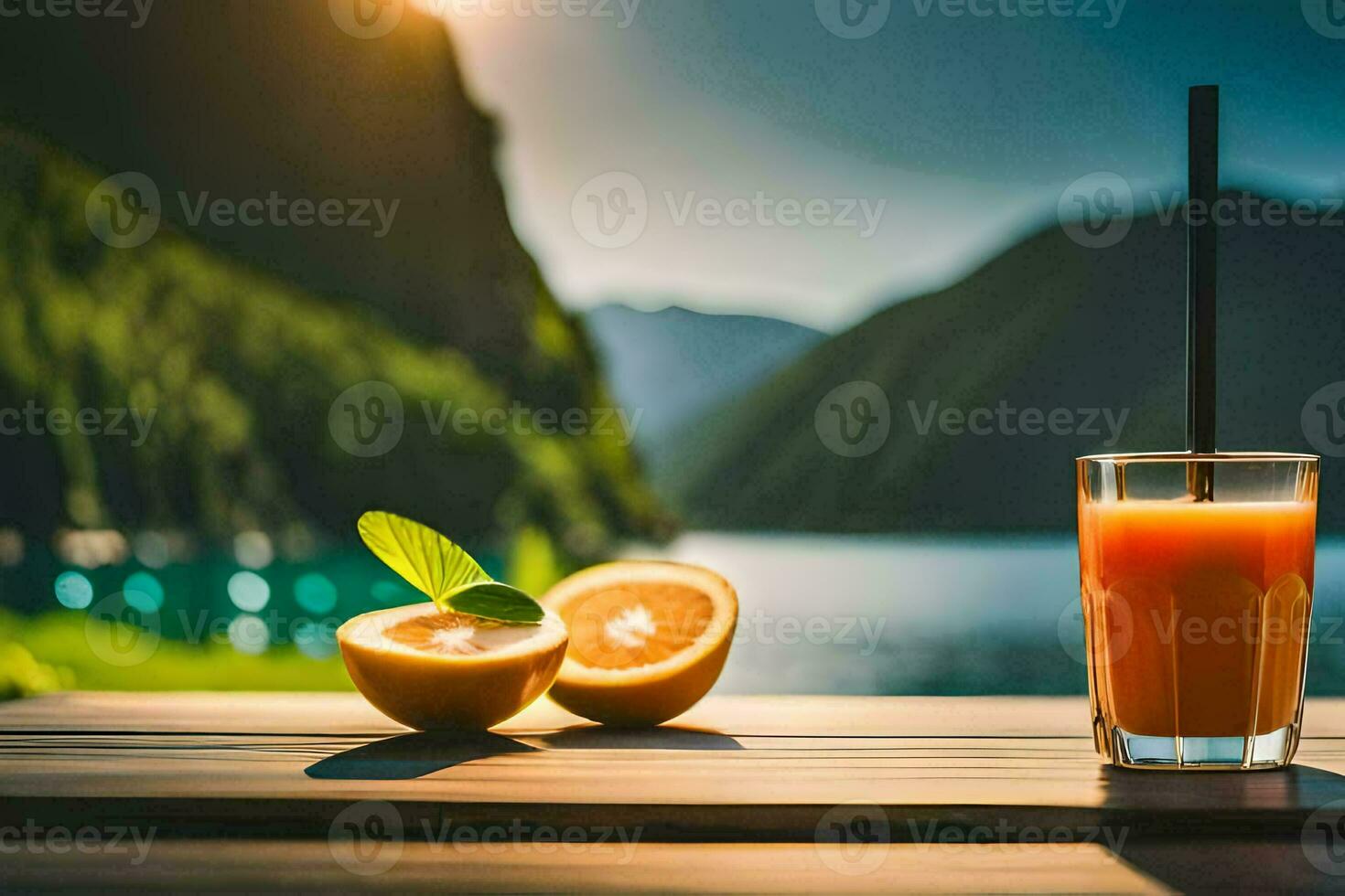 naranja jugo en un de madera mesa con montañas en el antecedentes. generado por ai foto
