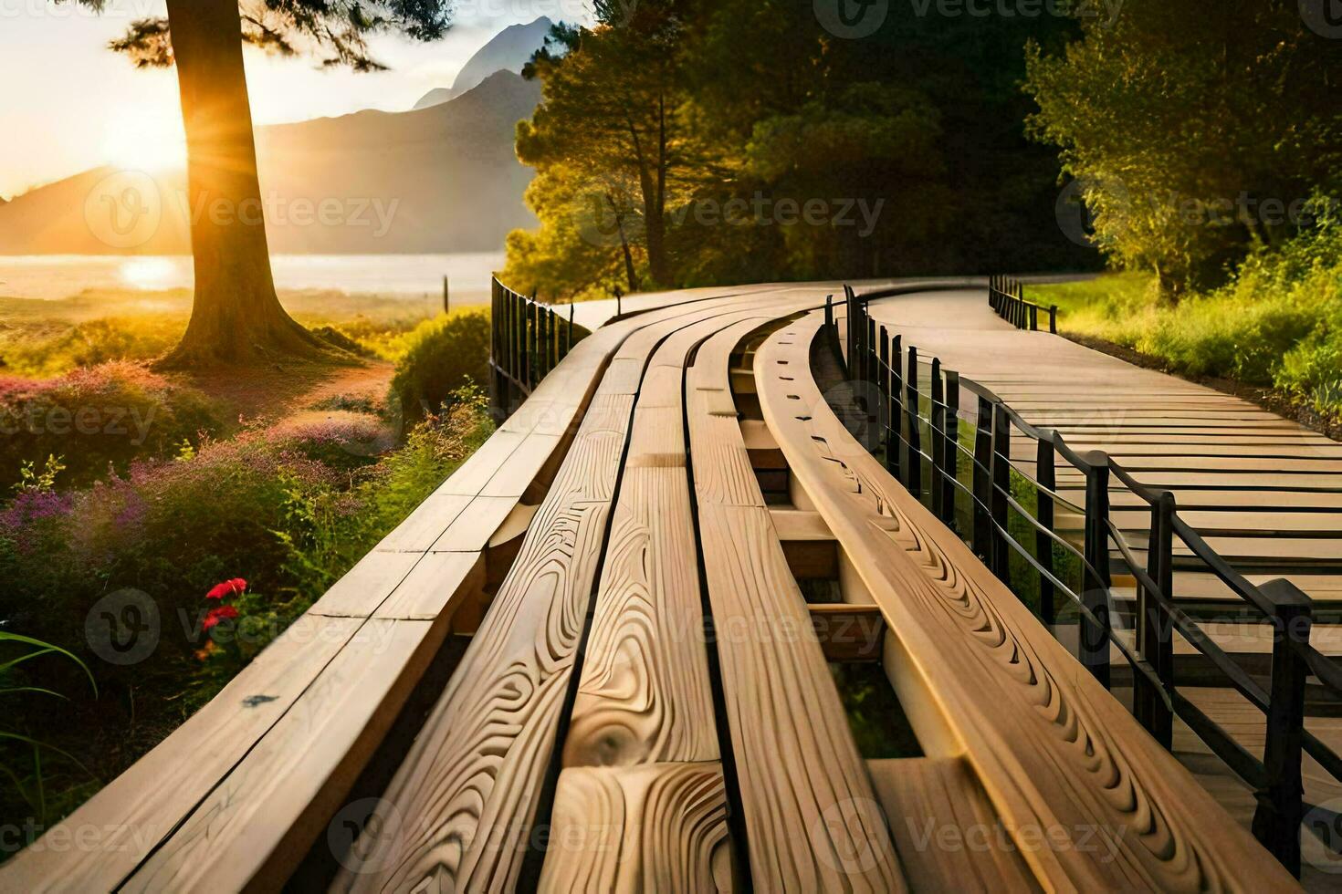 a wooden walkway leads to a lake and mountains. AI-Generated photo