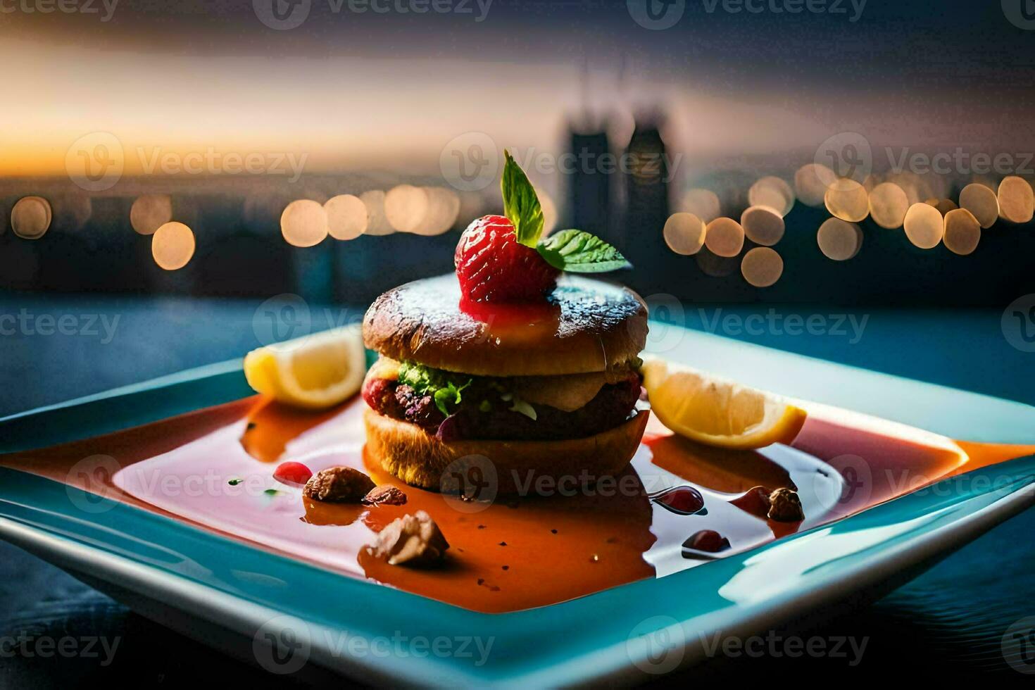 a burger with strawberry and lemon on a plate. AI-Generated photo