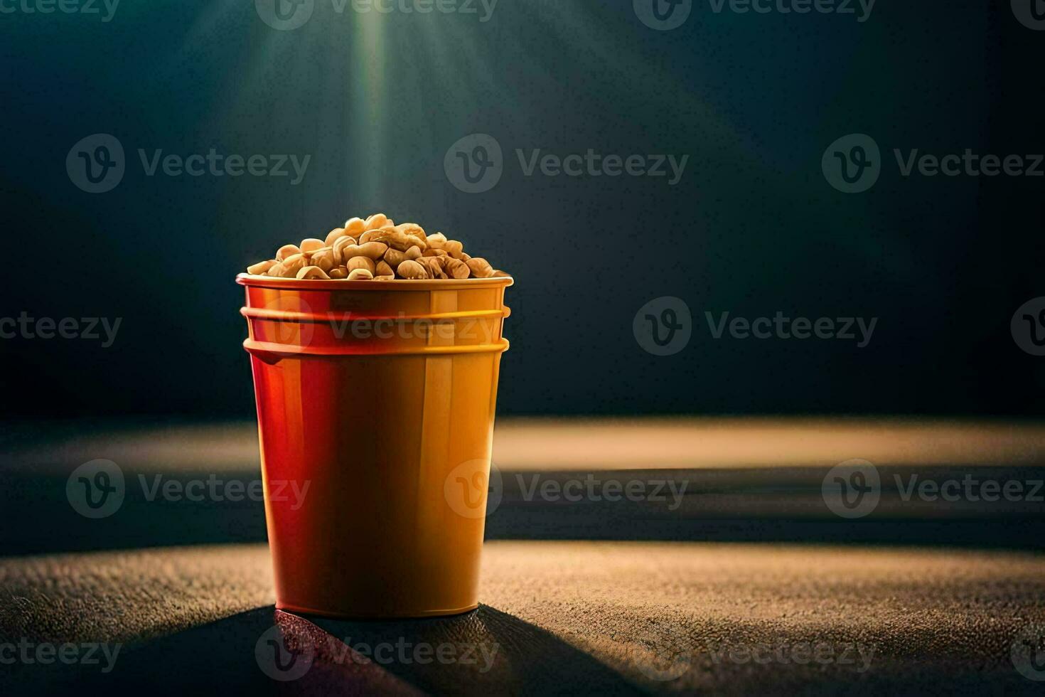 a cup of popcorn on a table. AI-Generated photo