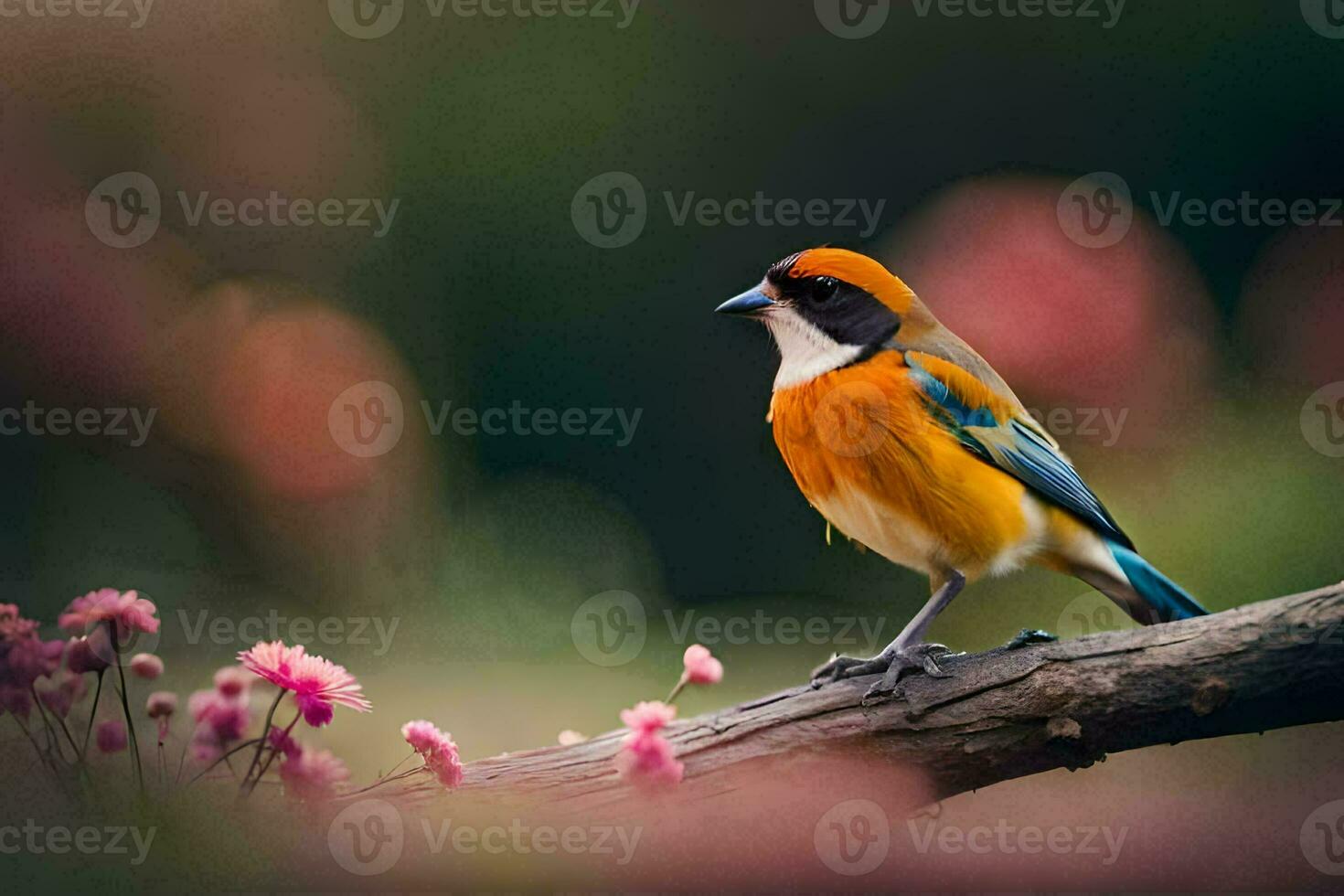 a colorful bird sits on a branch with pink flowers. AI-Generated photo