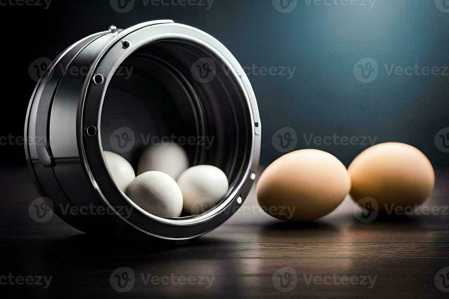 a close up of eggs in a metal container. AI-Generated photo