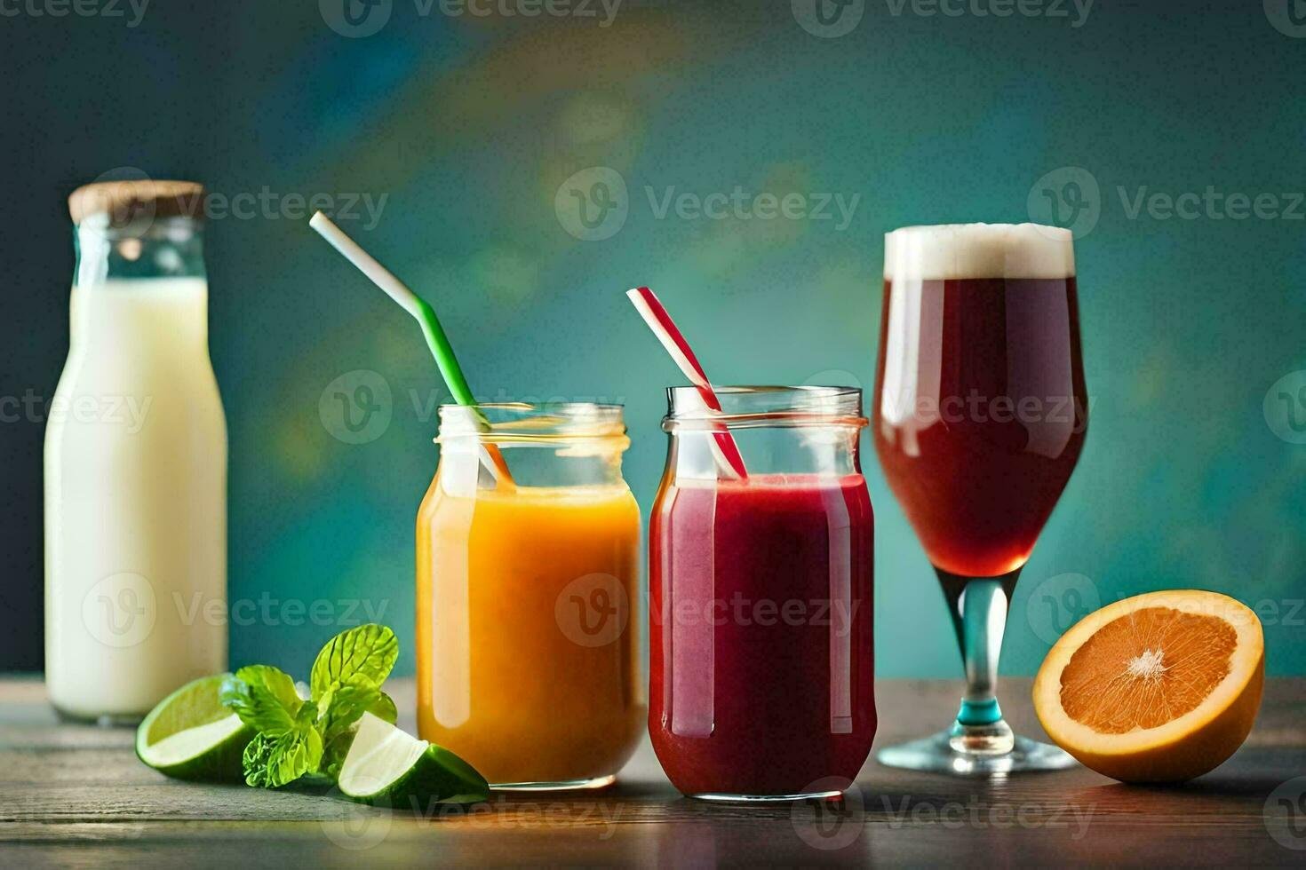 fresh juice in glass bottles on wooden table. AI-Generated photo