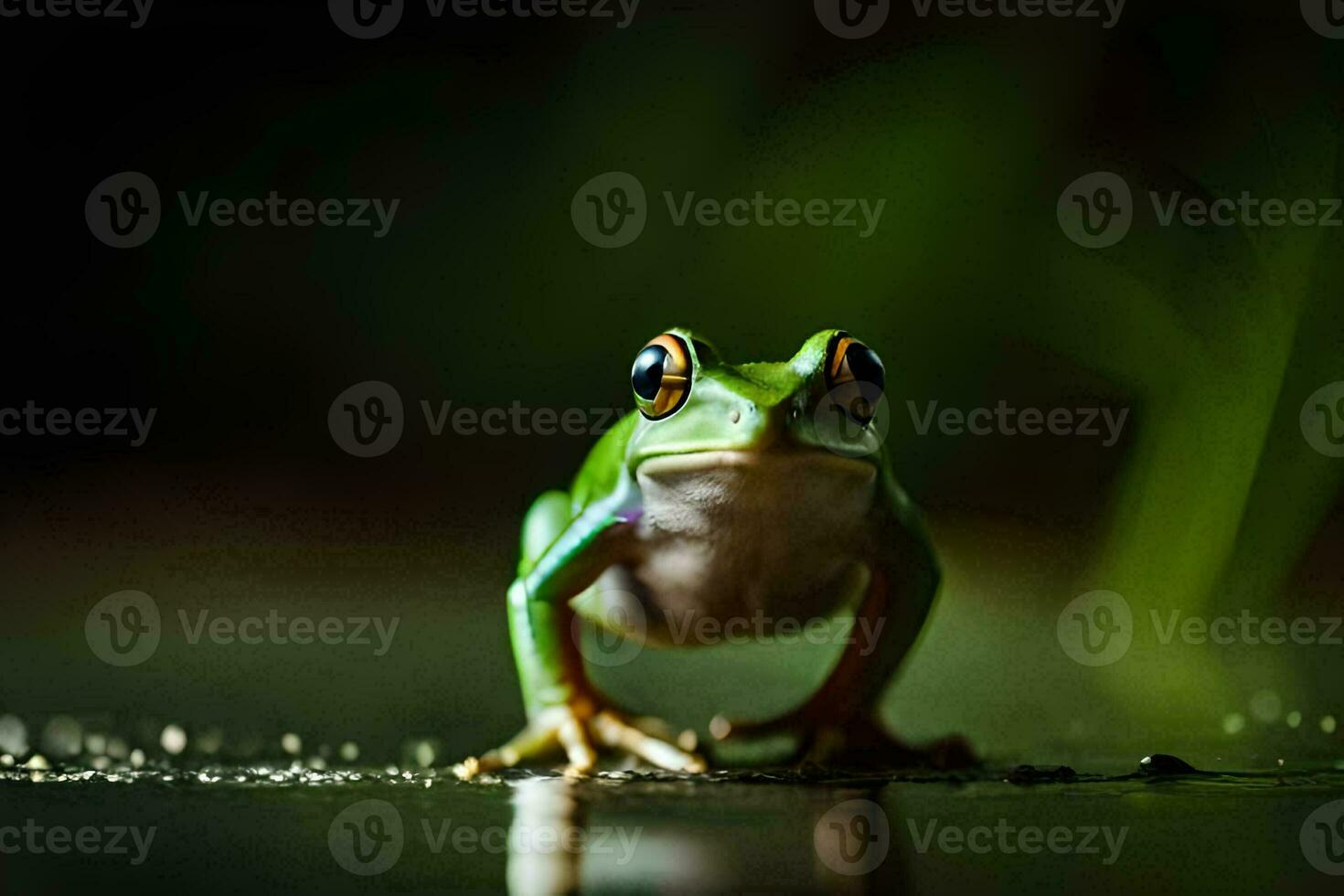 a frog sitting on the ground with water droplets on it. AI-Generated photo