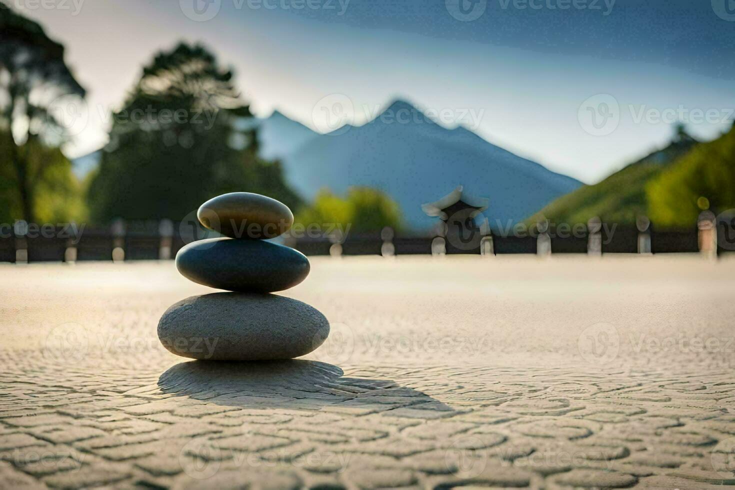 a stack of stones in front of a mountain. AI-Generated photo
