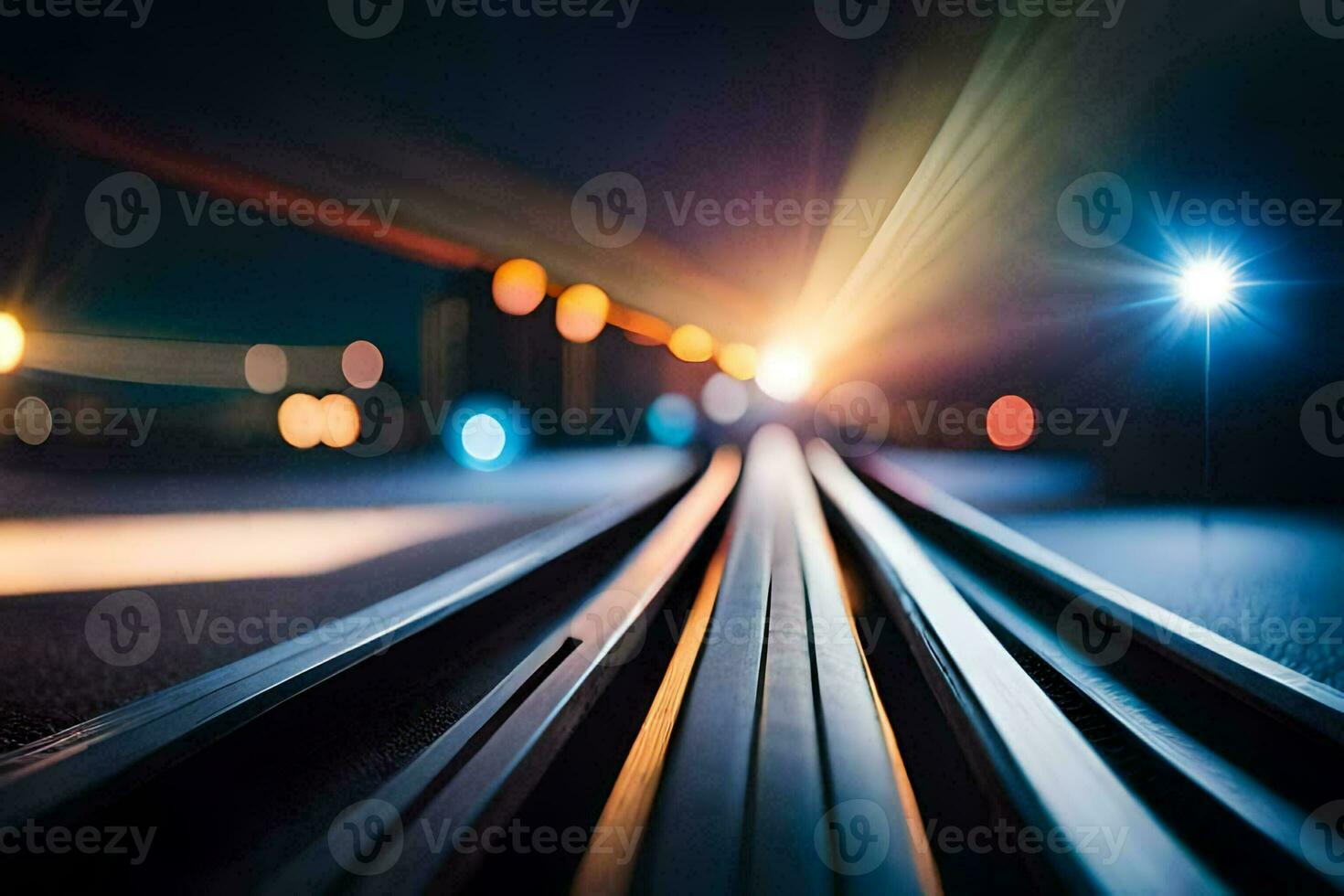 un borroso imagen de un tren pista a noche. generado por ai foto