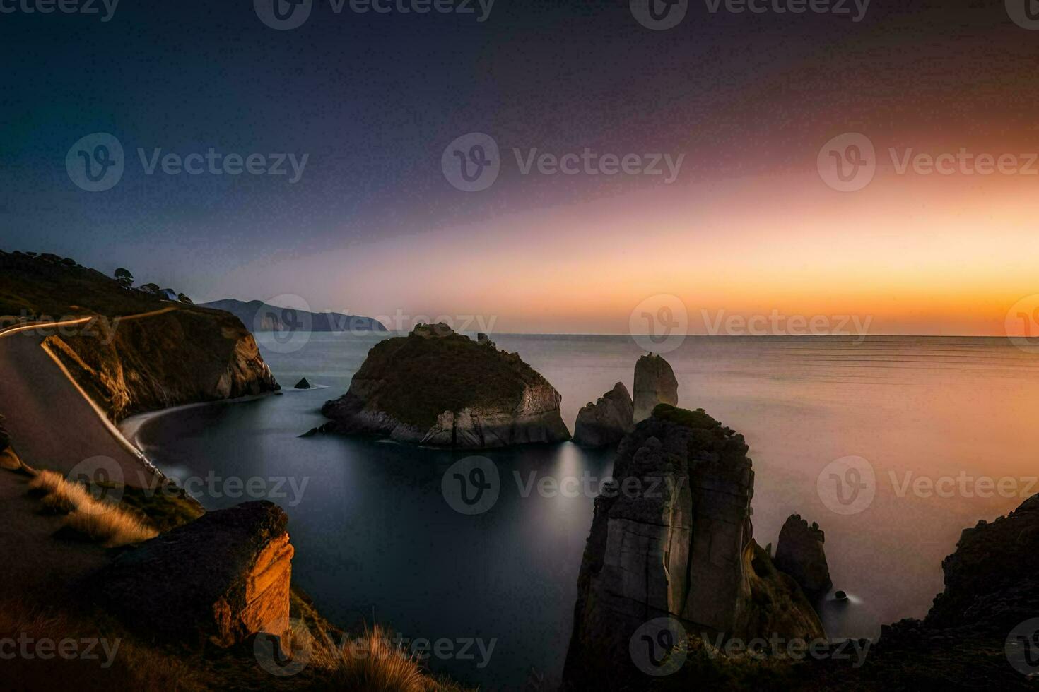 the sunset over the ocean and cliffs. AI-Generated photo