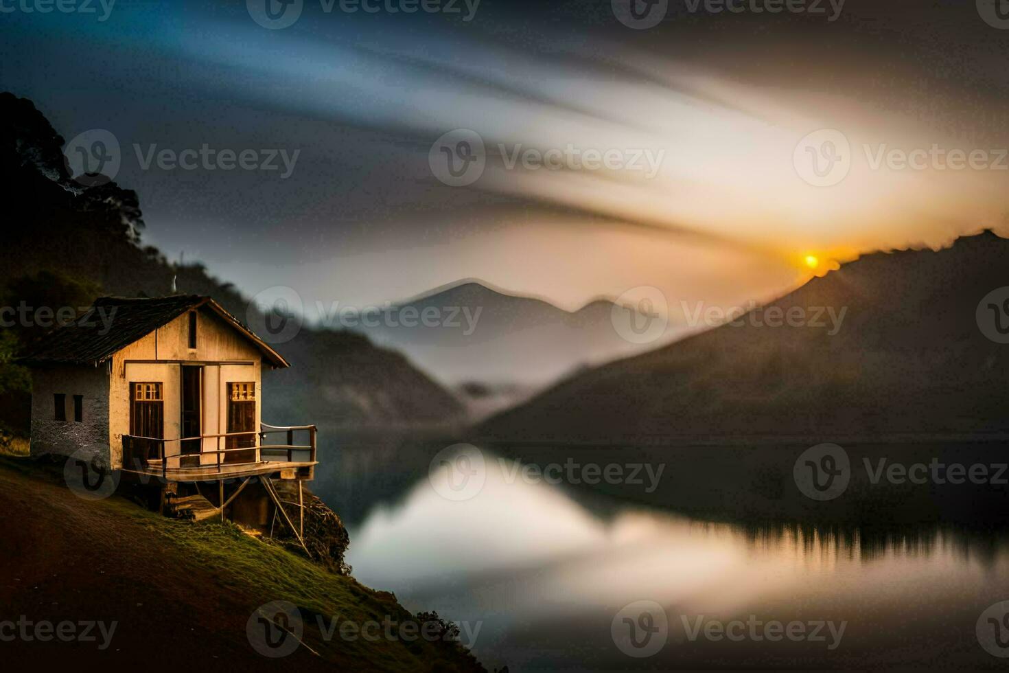 un pequeño casa se sienta en el lado de un lago a puesta de sol. generado por ai foto
