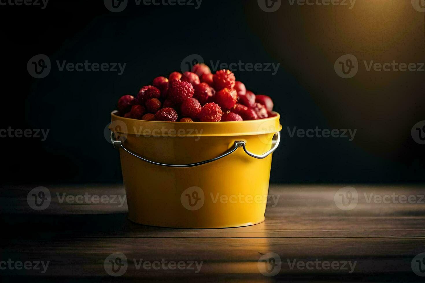 a bucket of raspberries on a wooden table. AI-Generated photo