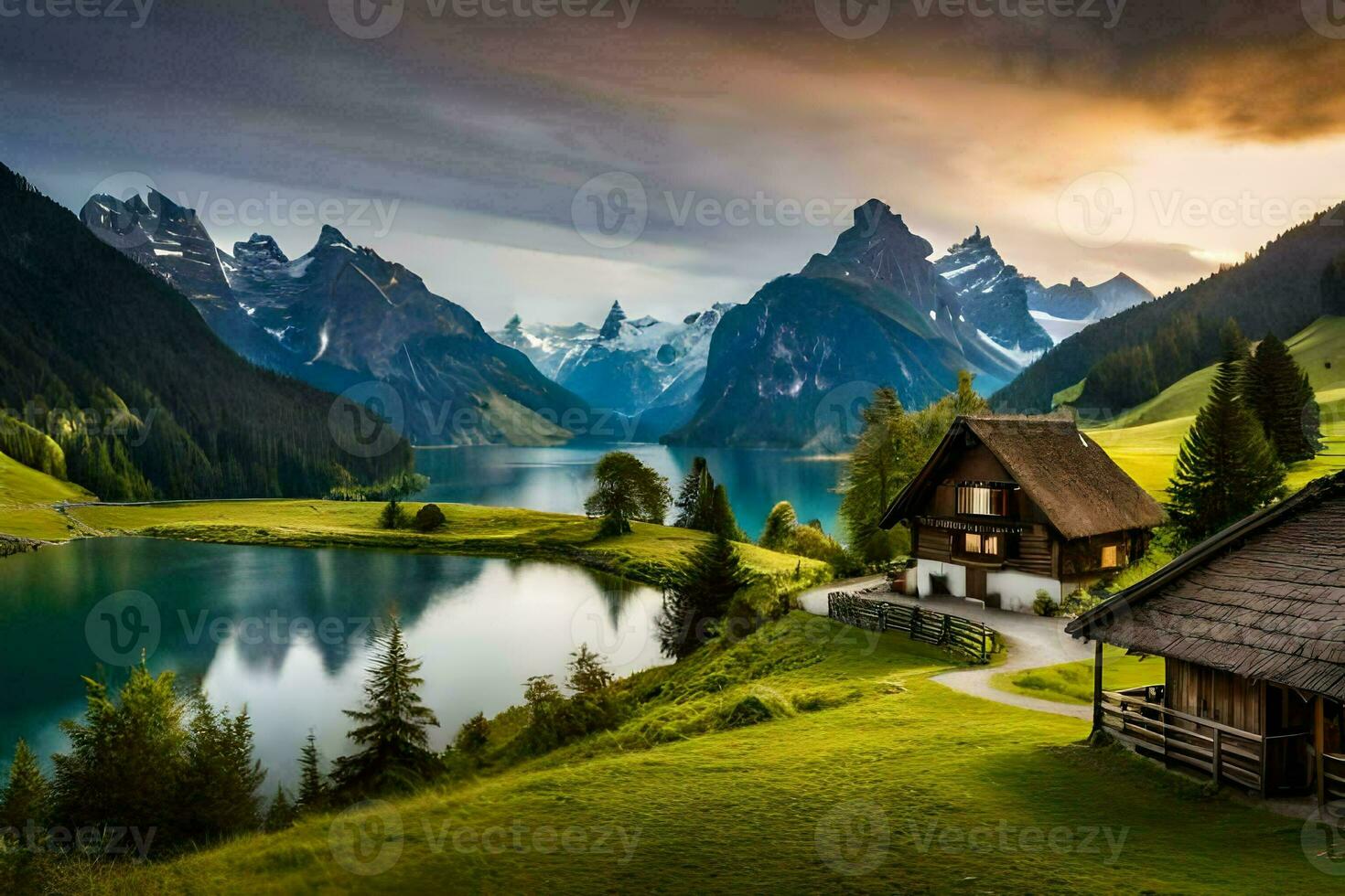 the house is surrounded by mountains and a lake. AI-Generated photo
