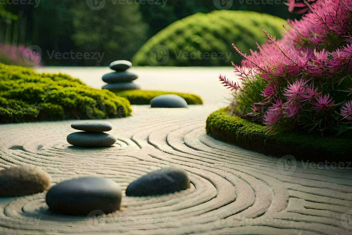 a zen garden with stones and flowers. AI-Generated photo