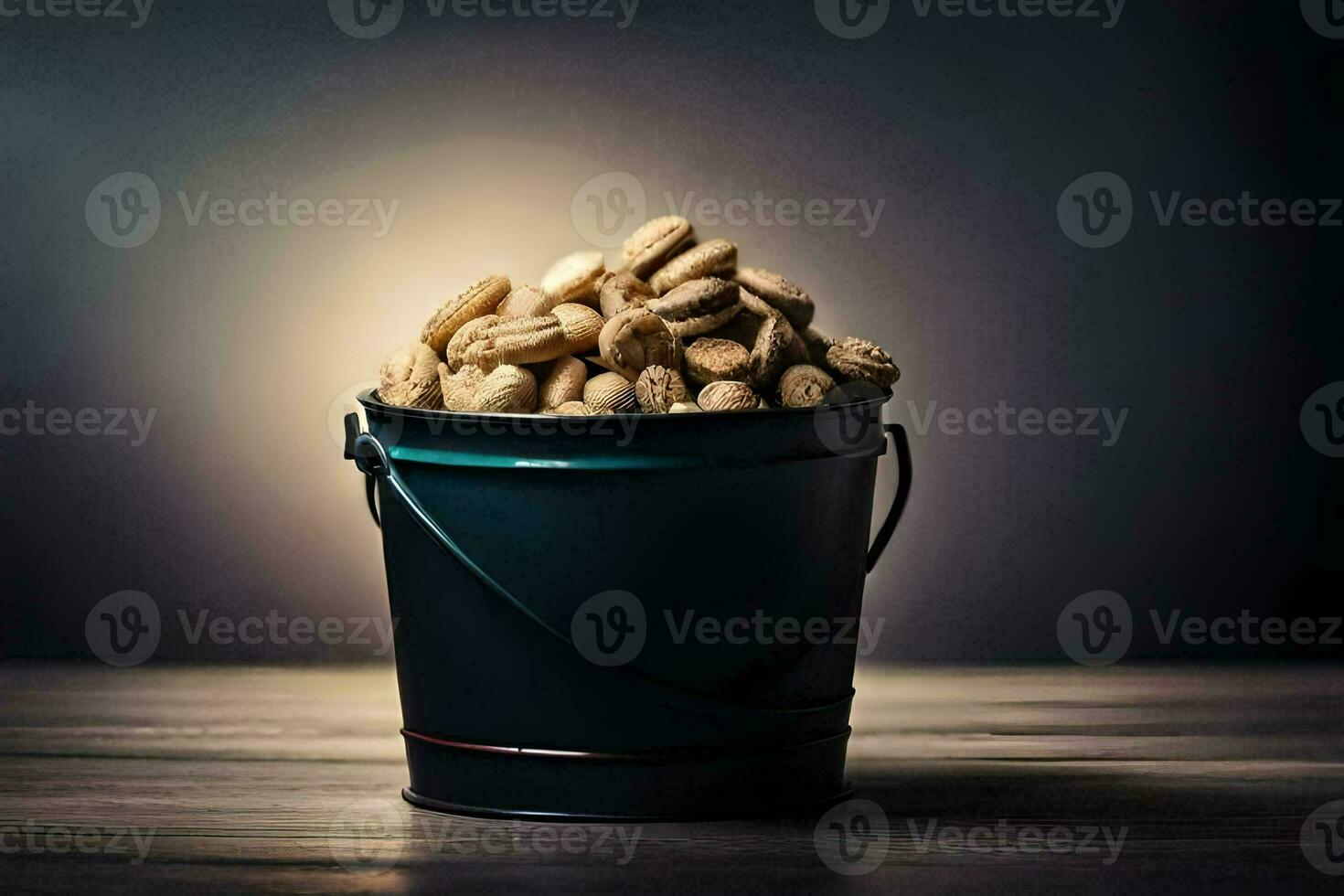 peanuts in a bucket on a wooden table. AI-Generated photo