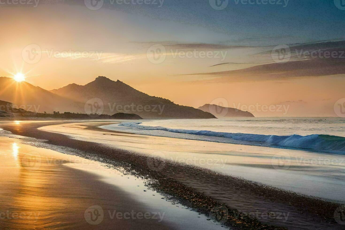 el Dom sube terminado el Oceano y montañas en esta foto. generado por ai foto