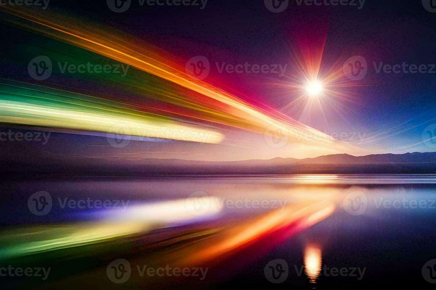 colorful light streaks are seen in the sky over a lake. AI-Generated photo