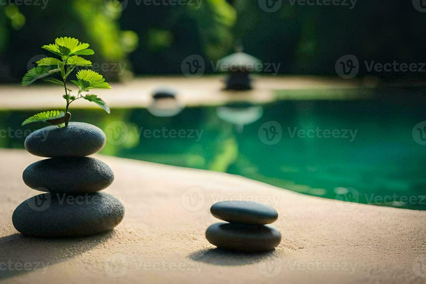 stones stacked on the beach near a pool. AI-Generated photo