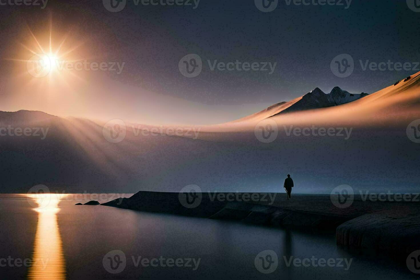 un persona en pie en el apuntalar de un lago a puesta de sol. generado por ai foto