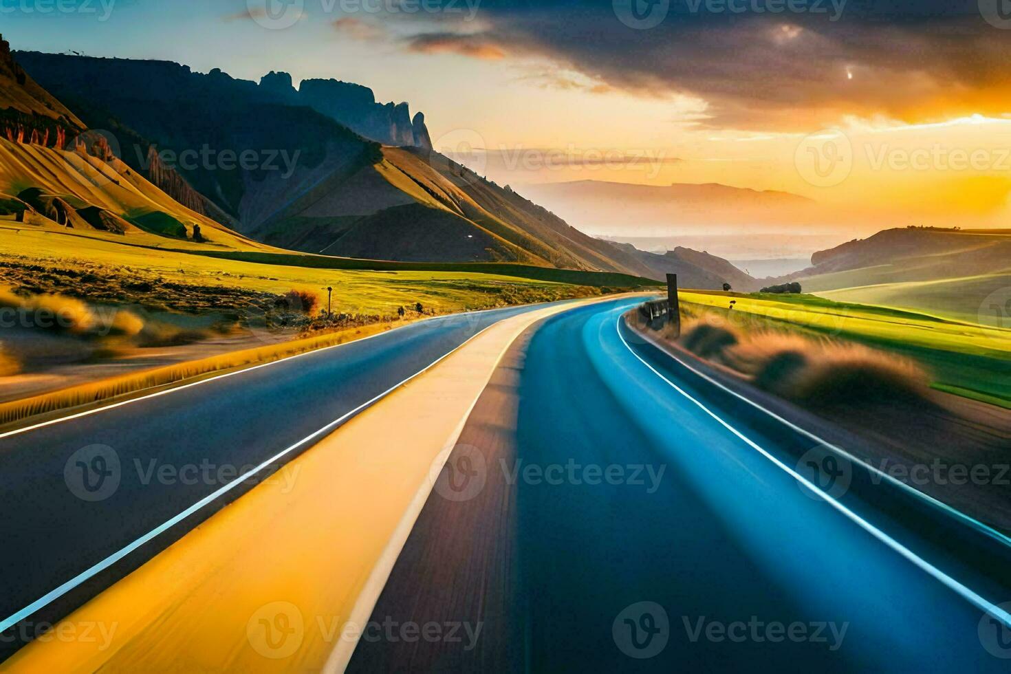a road in the middle of a mountain range. AI-Generated photo