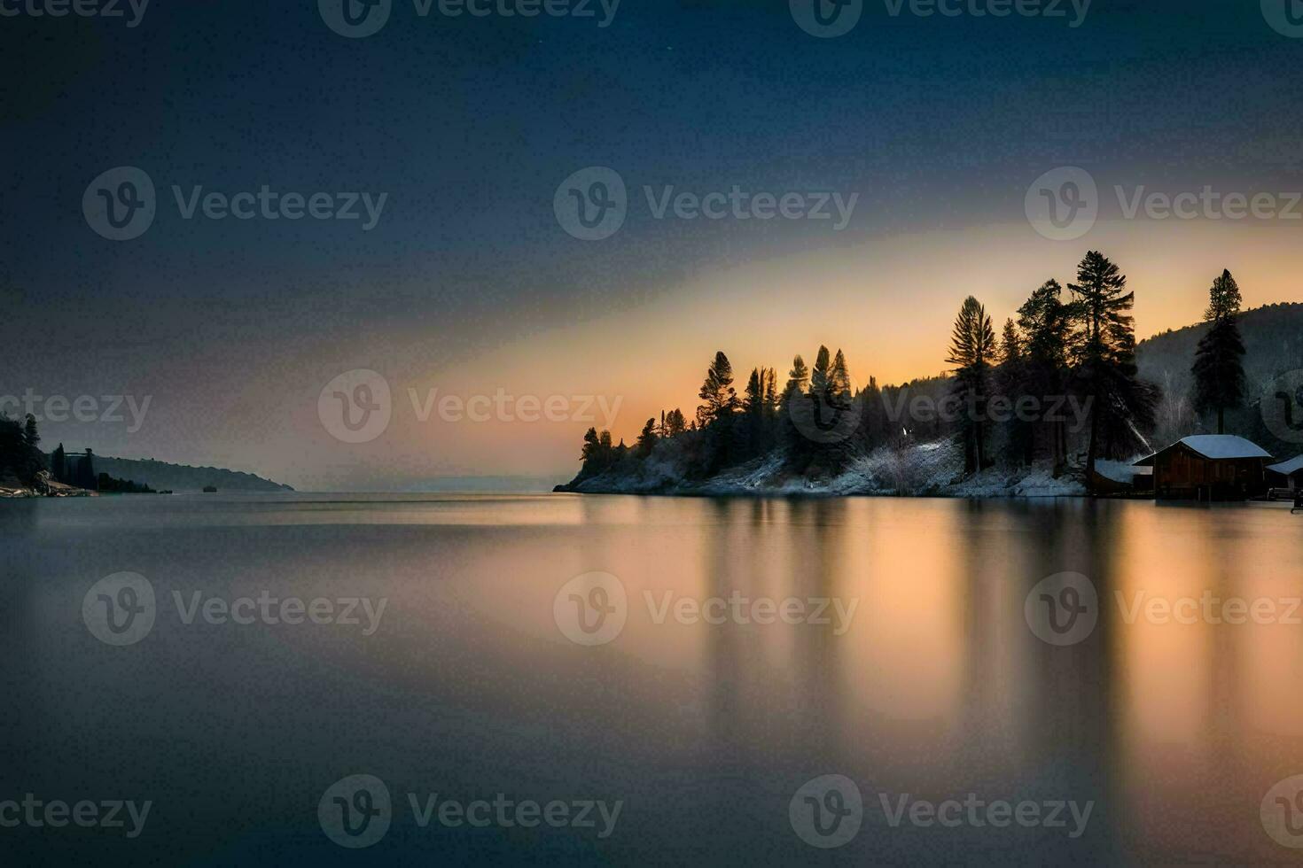 a lake at sunset with trees and a cabin. AI-Generated photo