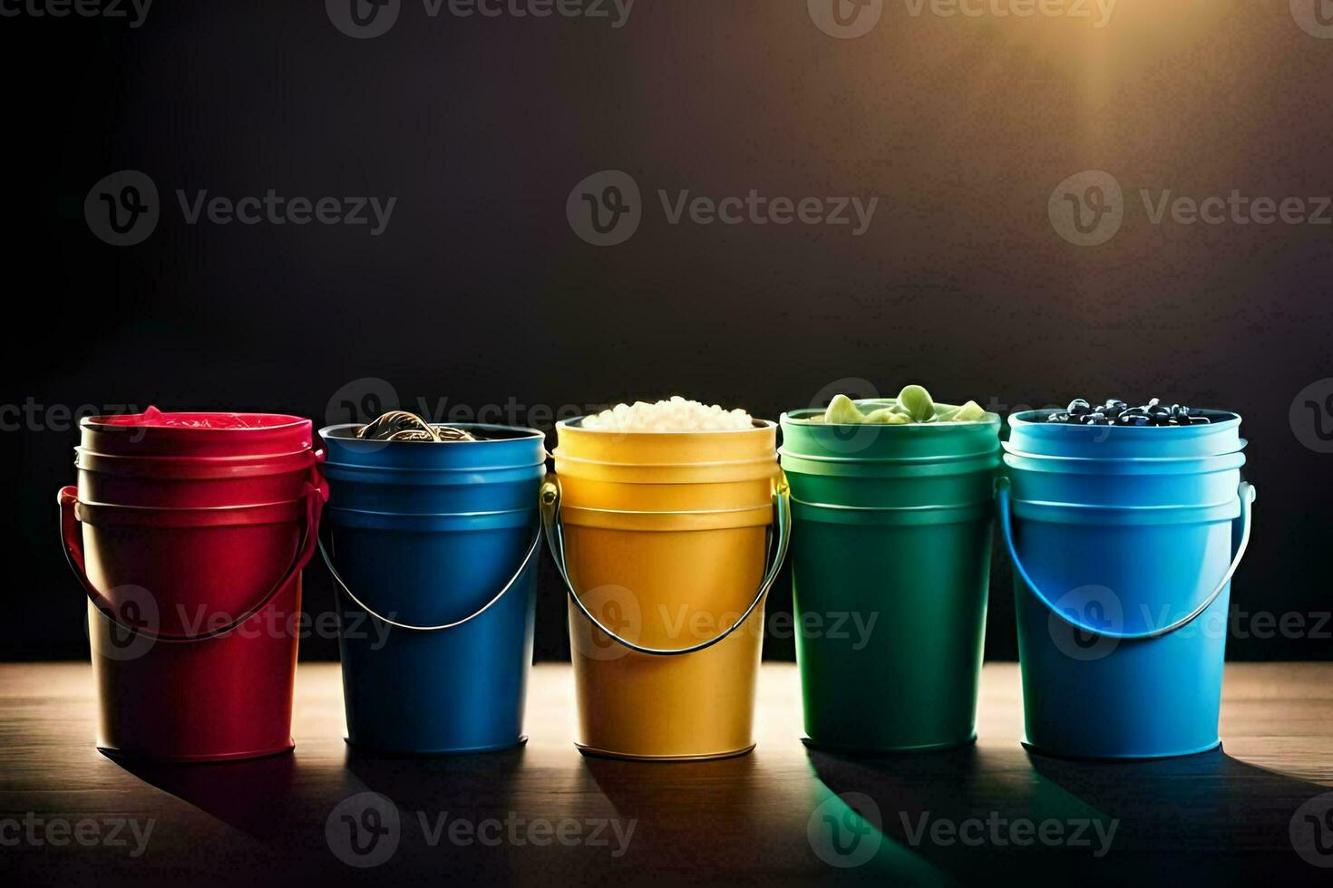five buckets of different colored ice cream. AI-Generated photo