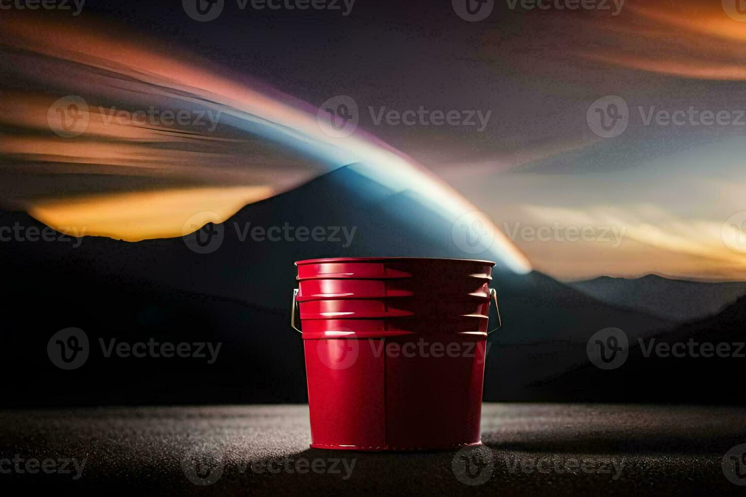 a red bucket sits in the middle of a field with a rainbow in the background. AI-Generated photo