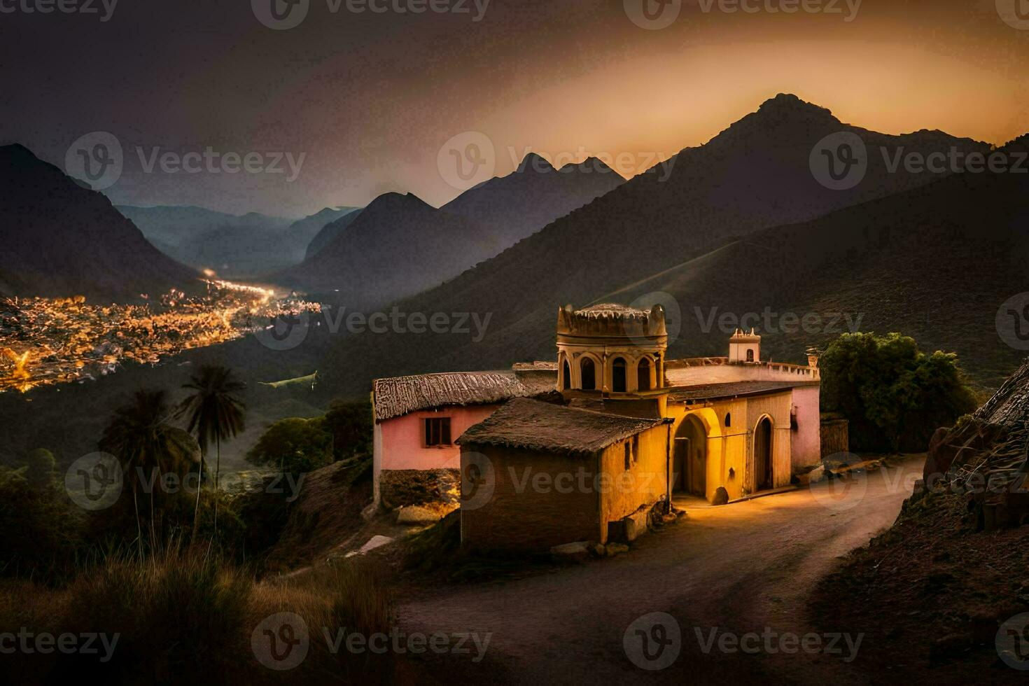 un Iglesia en el montañas a oscuridad. generado por ai foto