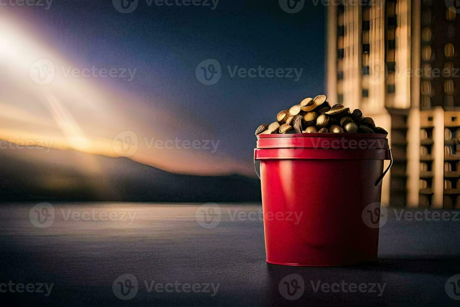 a bucket of coins sitting on a table in front of a city. AI-Generated photo