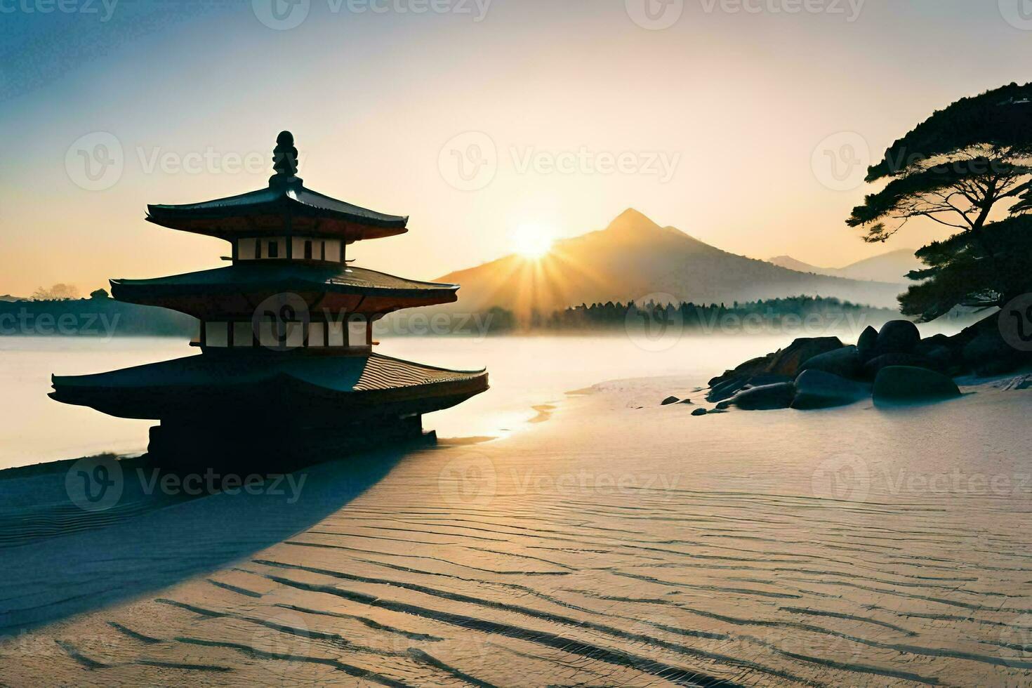 a pagoda sits on the beach at sunrise. AI-Generated photo