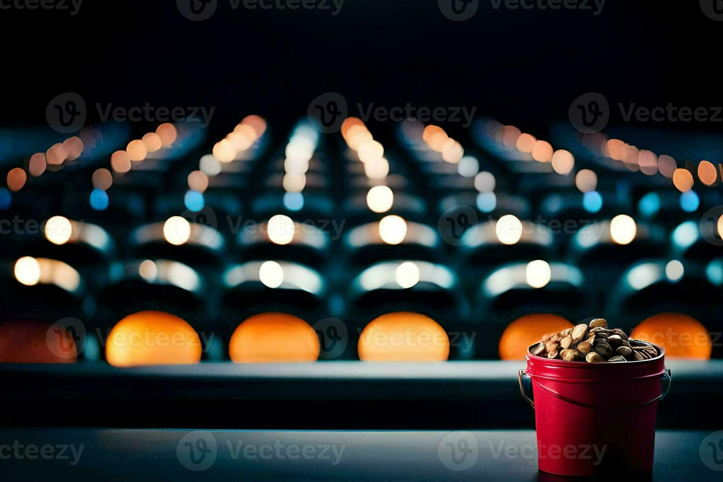 a red bucket filled with peanuts sits on a table in front of rows of wine barrels. AI-Generated photo