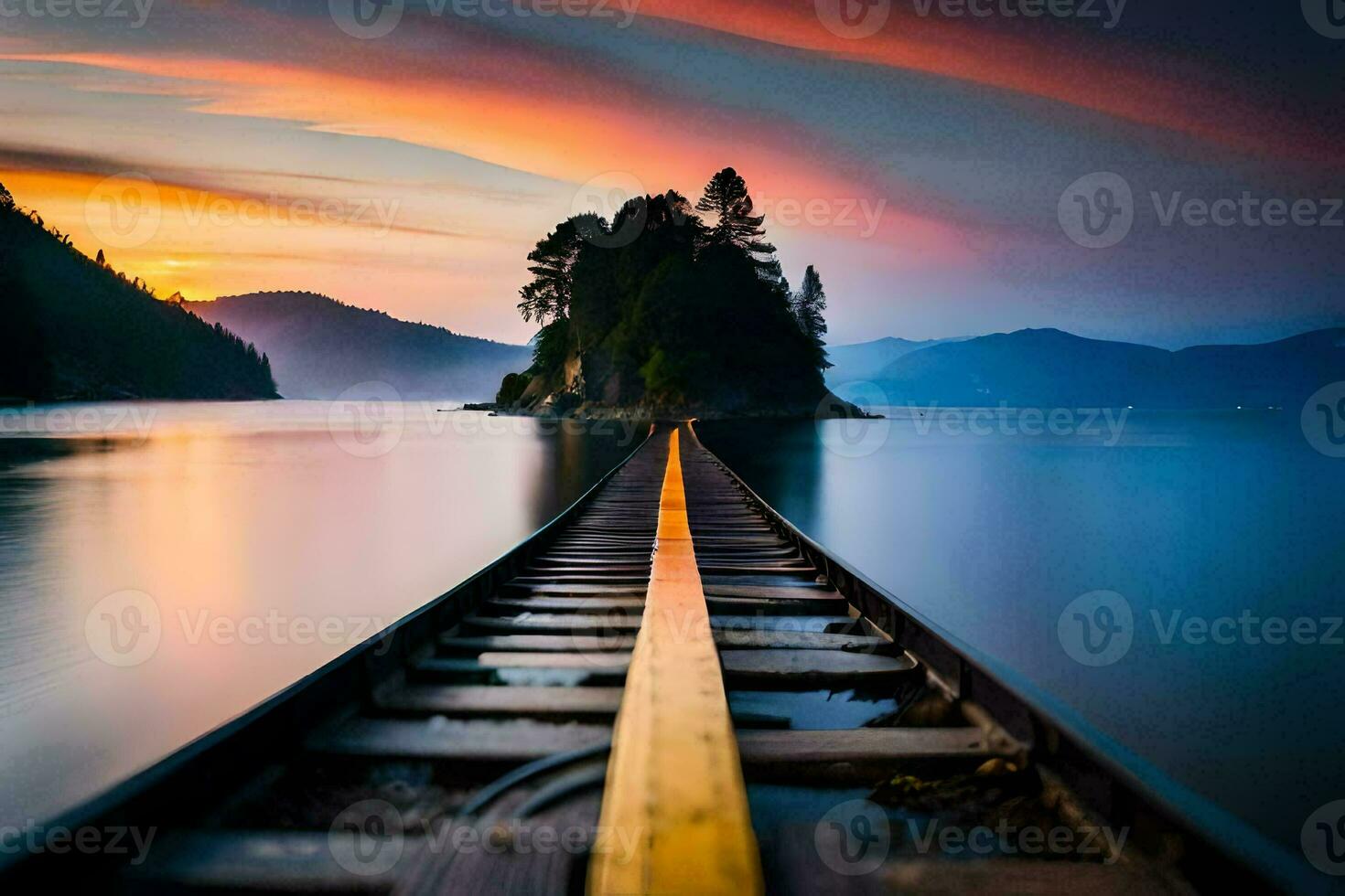 un largo exposición fotografía de un tren pista líder a un isla. generado por ai foto