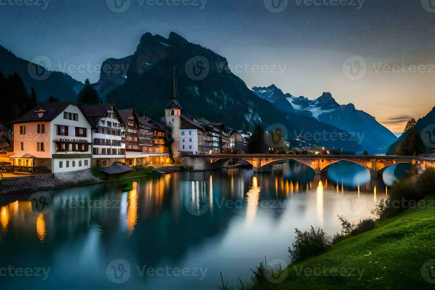 the town of switzerland at dusk. AI-Generated photo
