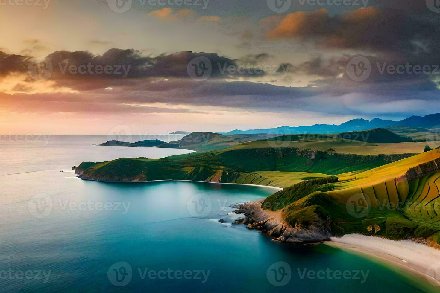 the sun sets over a beautiful beach and hills. AI-Generated photo