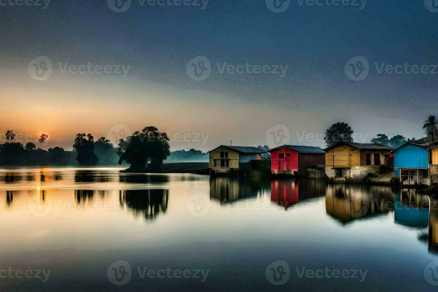 the sun sets over a lake with colorful houses. AI-Generated photo