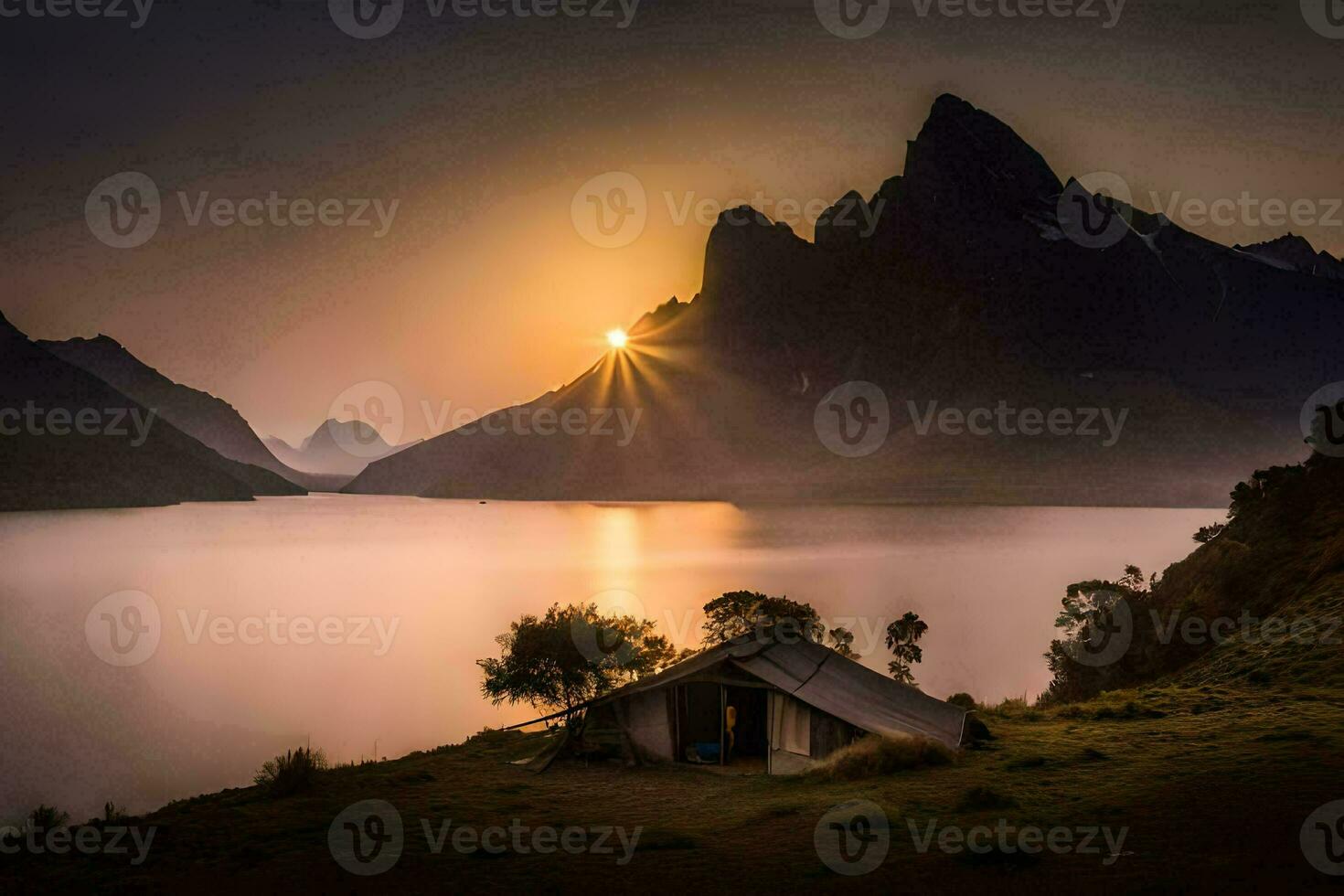 a tent sits on the shore of a lake at sunset. AI-Generated photo
