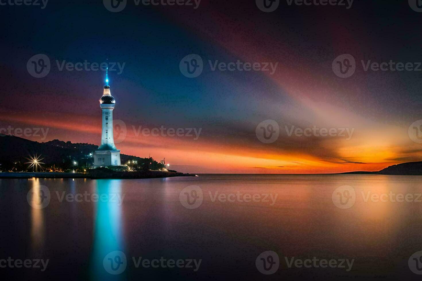 the lighthouse at sunset in the ocean. AI-Generated photo